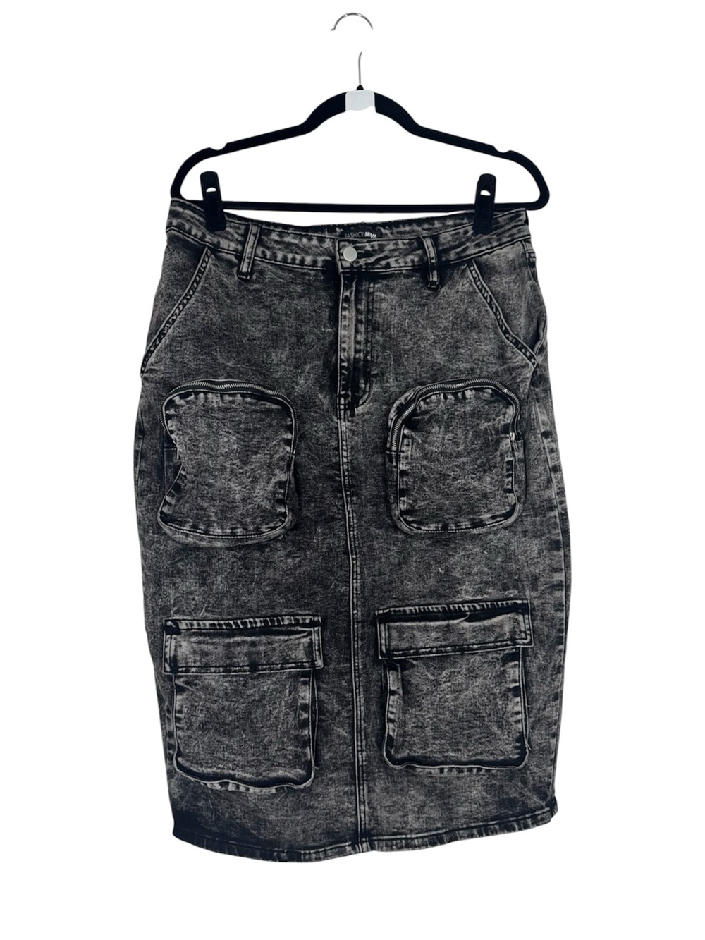 Fashion Nova Black Acid-Wash Midi Skirt with Patch Pockets